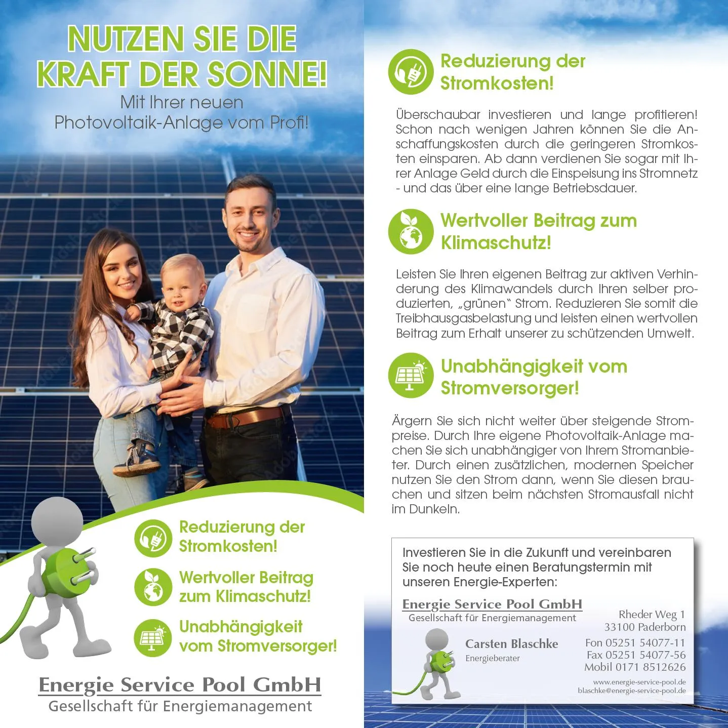 Flyer „Nutzen Sie die Kraft der Sonne!“ der Energie Service Pool GmbH