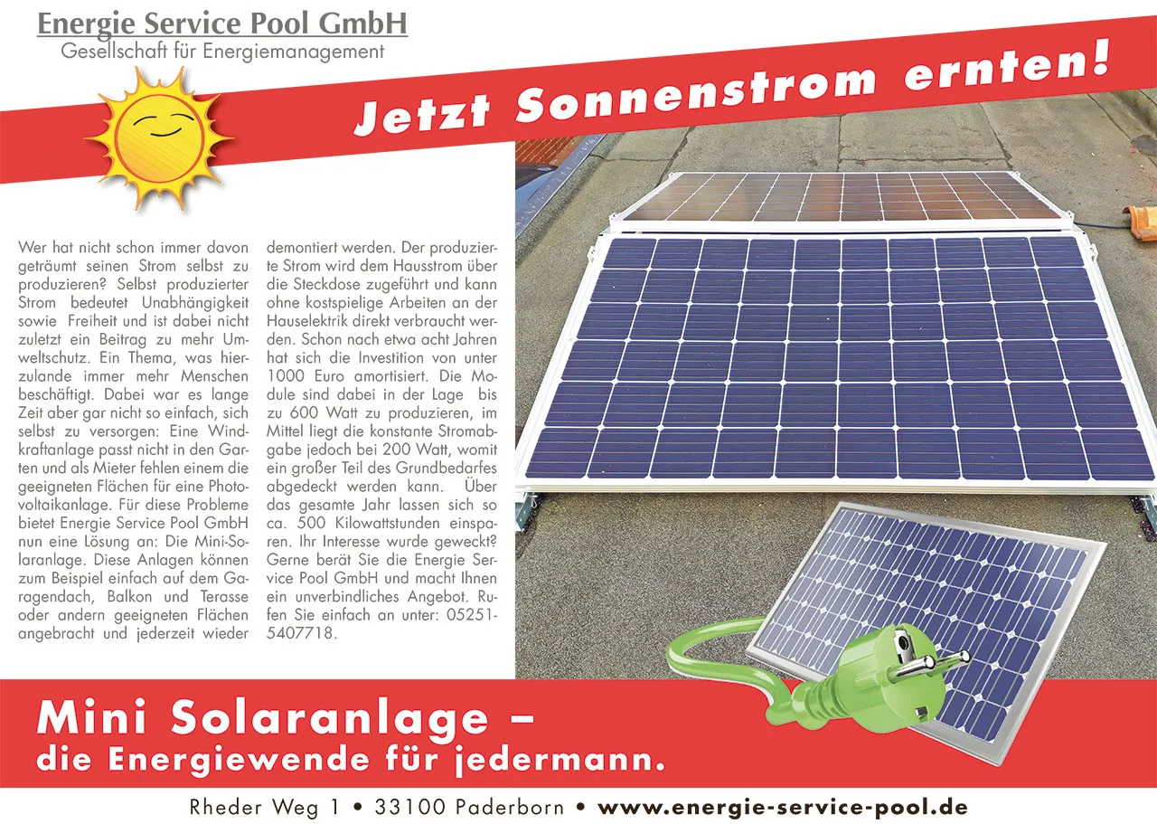 Zeitungsseite zur Mini-Solaranlage der Energie Service Pool GmbH